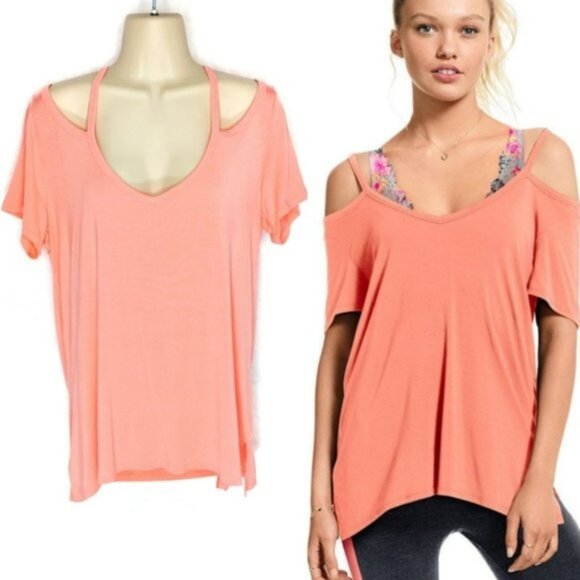 Victoria's Secret PINK | Coral Super Soft Cold Shoulder Cut Out Tee | Size Small - Picture 1 of 11